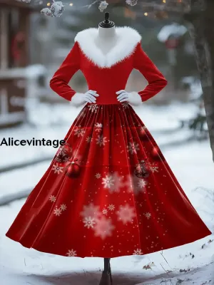Women's Vintage Christmas Art Print V-Shaped Fur Neck Long Sleeve 50s Elegant Slim Button Midi Dress