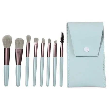 Wreesh 8 piece mini makeup brush matte wooden handle soft hair beauty tool brush-light blue