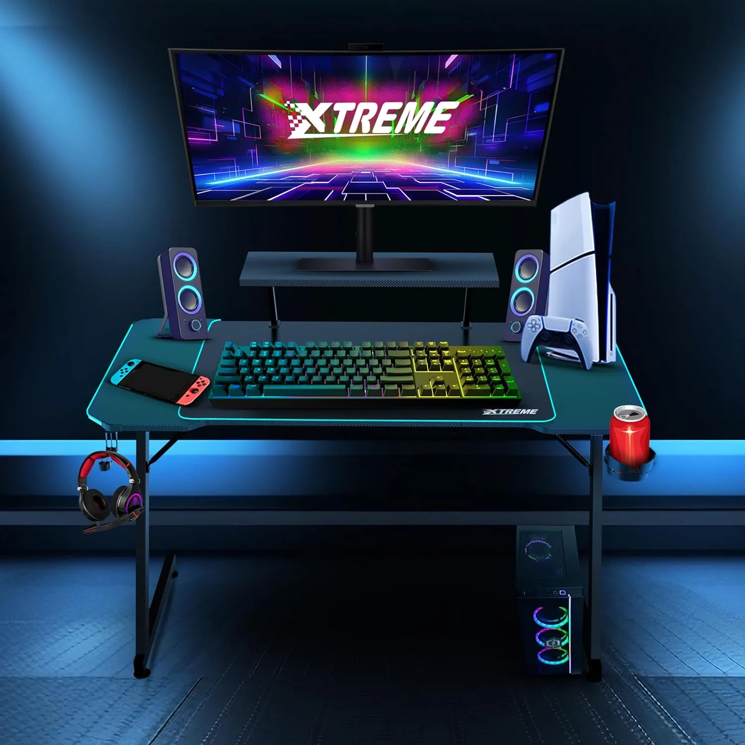 XTREME RGB Gaming Desk with Carbon Fibre Effect, Monitor Stand, CPU Holder With Wheels, Z Frame, LED Lights, Cable Management, Headset Hook & Cup Holder