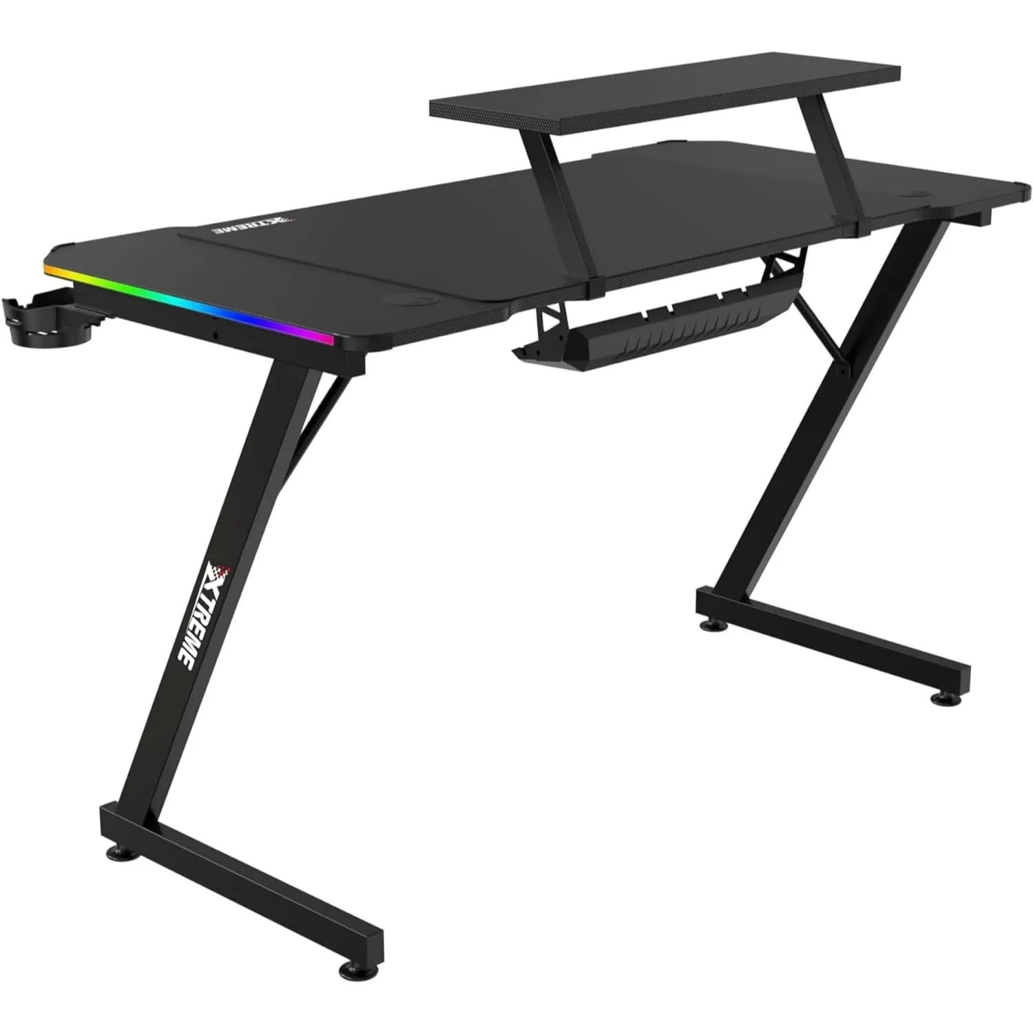 XTREME RGB Gaming Desk with Carbon Fibre Effect, Monitor Stand, CPU Holder With Wheels, Z Frame, LED Lights, Cable Management, Headset Hook & Cup Holder