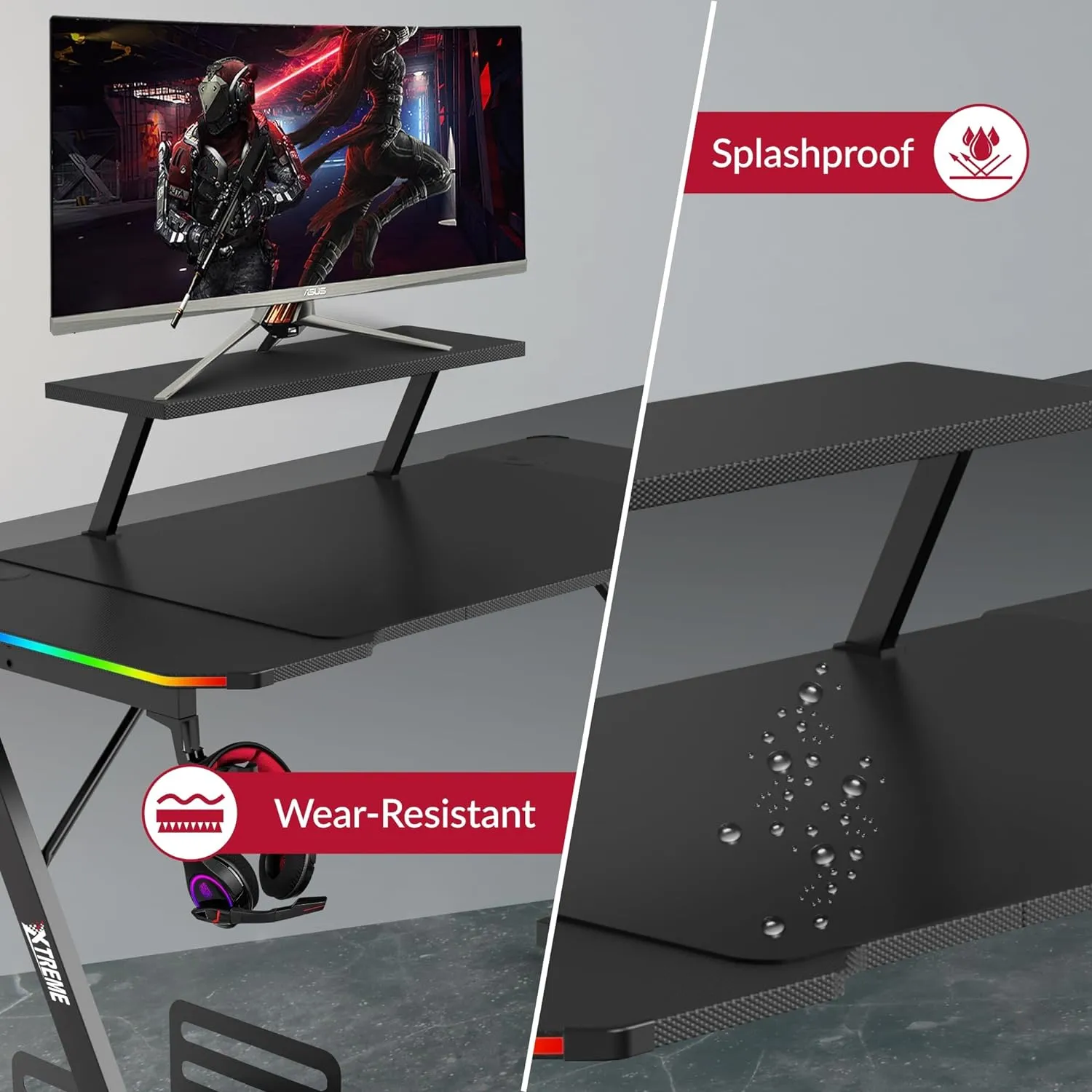 XTREME RGB Gaming Desk with Carbon Fibre Effect, Monitor Stand, CPU Holder With Wheels, Z Frame, LED Lights, Cable Management, Headset Hook & Cup Holder