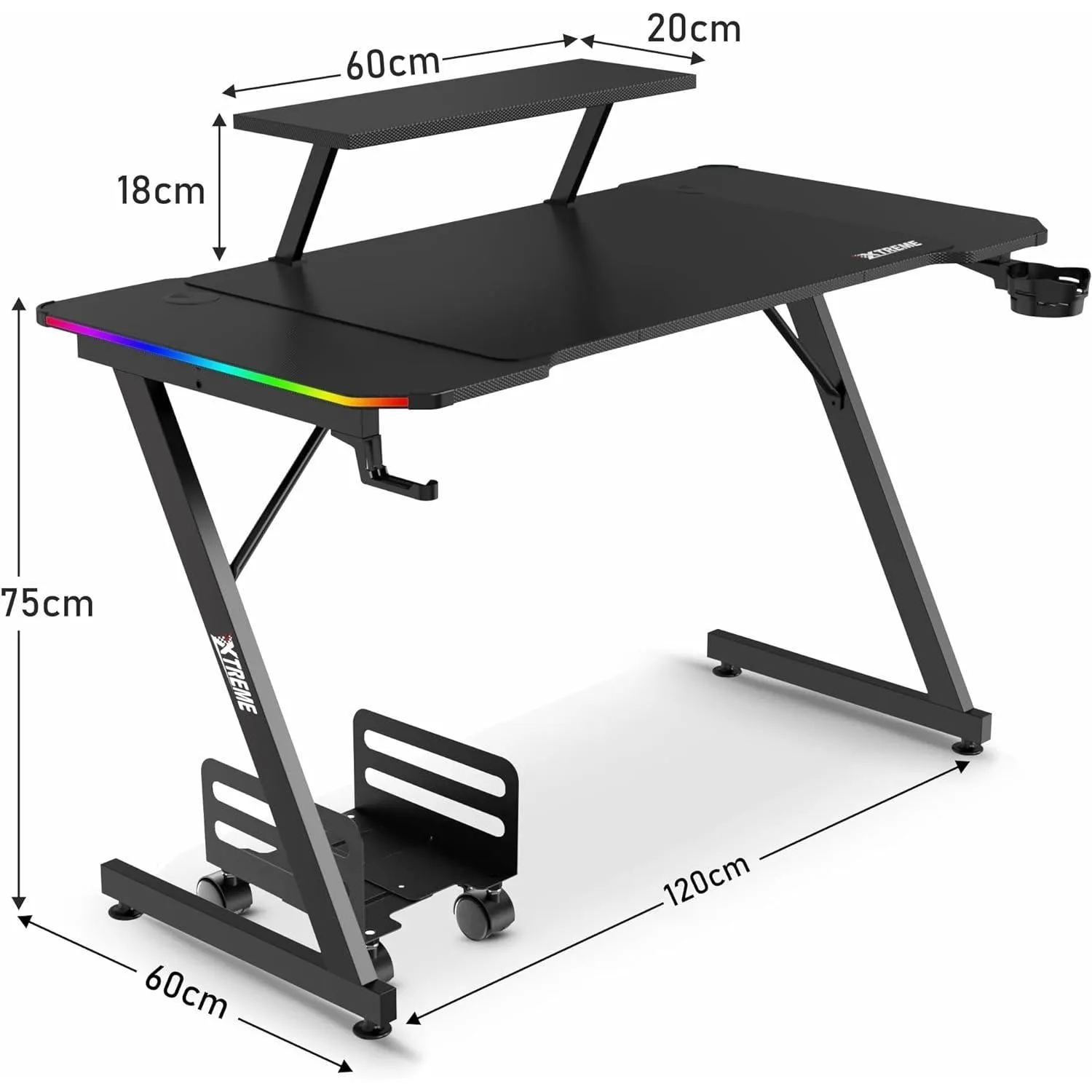 XTREME RGB Gaming Desk with Carbon Fibre Effect, Monitor Stand, CPU Holder With Wheels, Z Frame, LED Lights, Cable Management, Headset Hook & Cup Holder