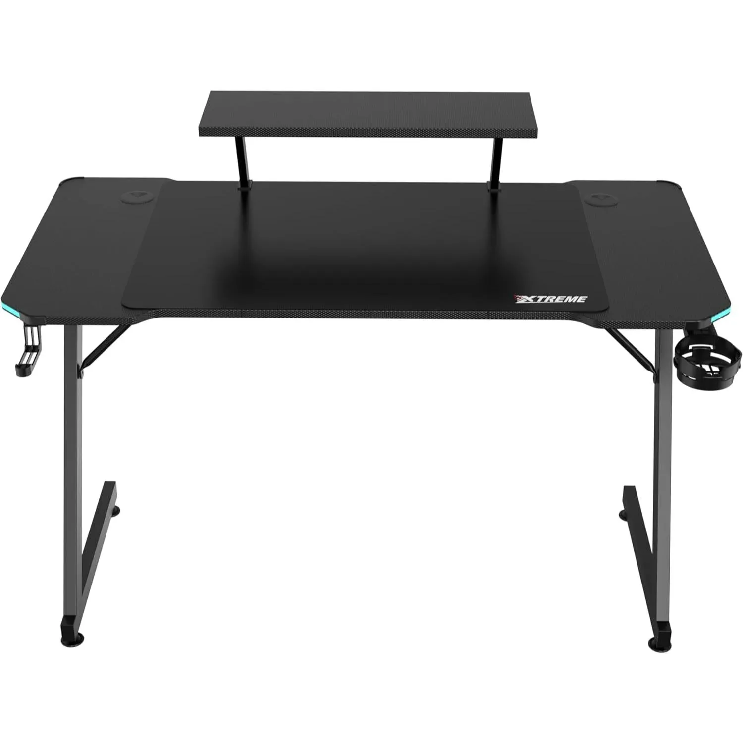 XTREME RGB Gaming Desk with Carbon Fibre Effect, Monitor Stand, CPU Holder With Wheels, Z Frame, LED Lights, Cable Management, Headset Hook & Cup Holder