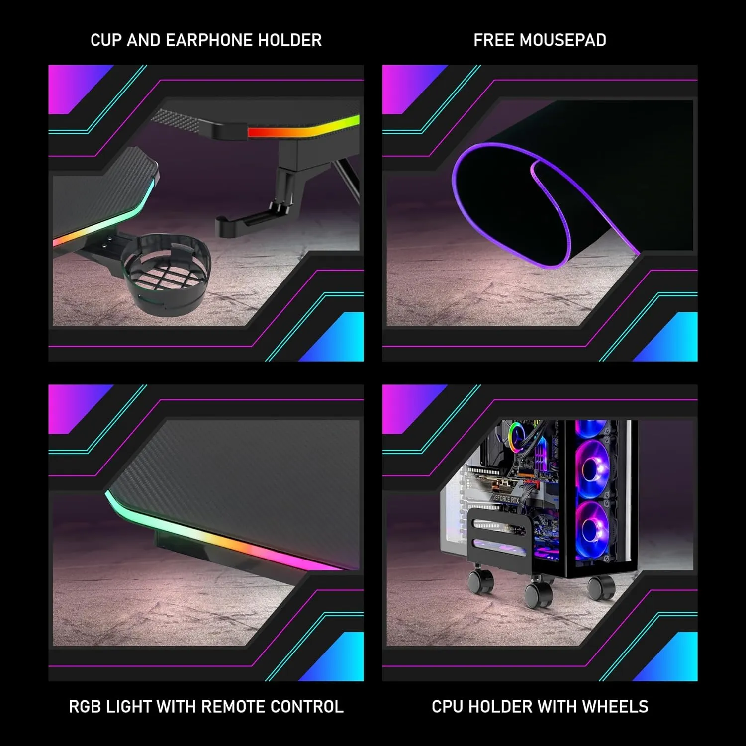 XTREME RGB Gaming Desk with Carbon Fibre Effect, Monitor Stand, CPU Holder With Wheels, Z Frame, LED Lights, Cable Management, Headset Hook & Cup Holder