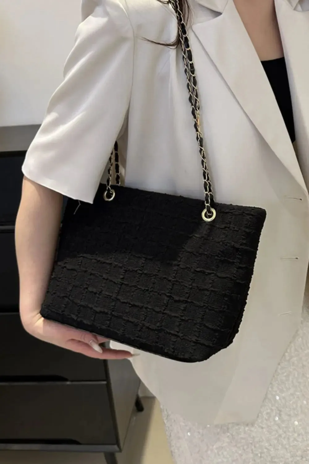 'Yara' Polyester Texture Chain Tote Bag