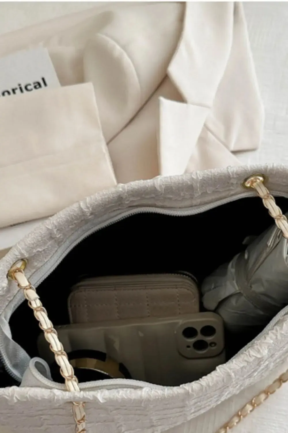 'Yara' Polyester Texture Chain Tote Bag