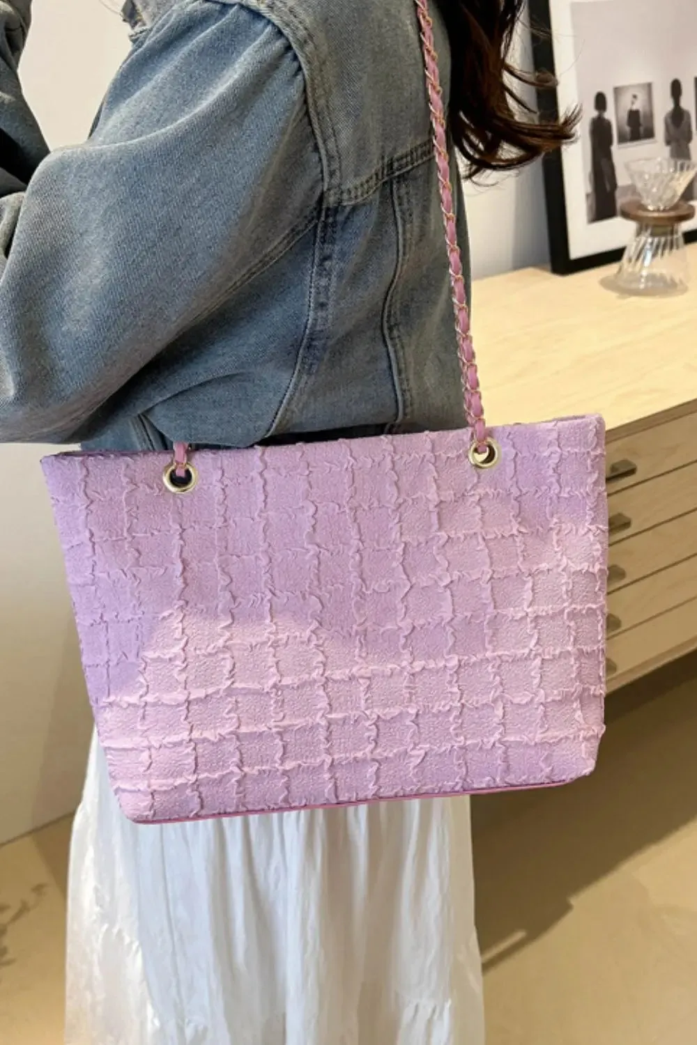 'Yara' Polyester Texture Chain Tote Bag