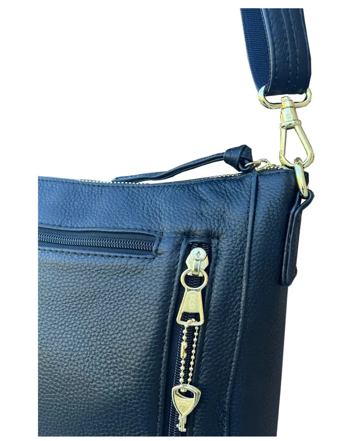 YKK Lockable Leather Crossbody Bag in Black