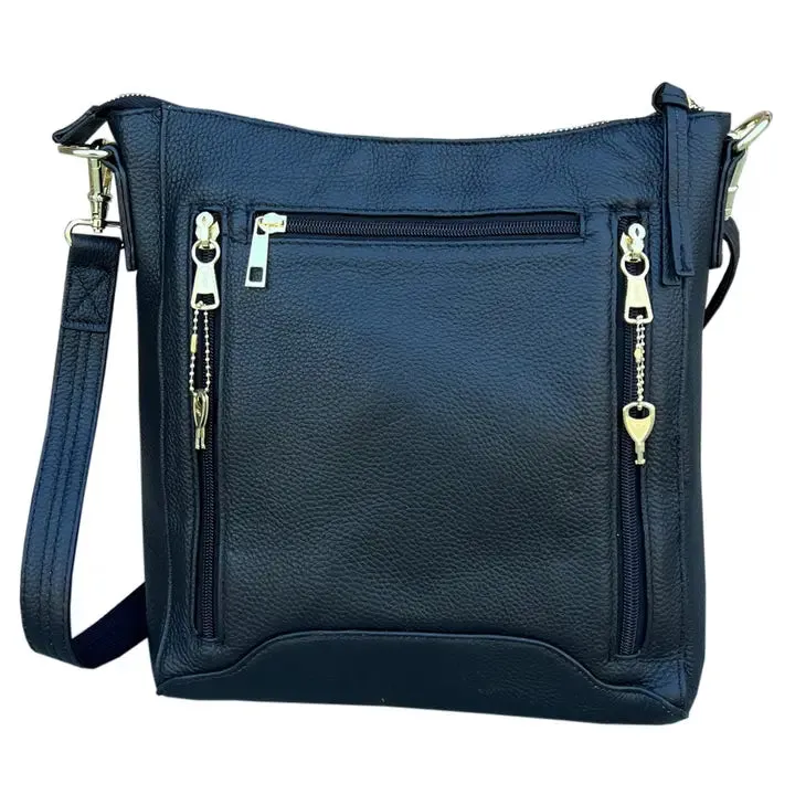 YKK Lockable Leather Crossbody Bag in Black