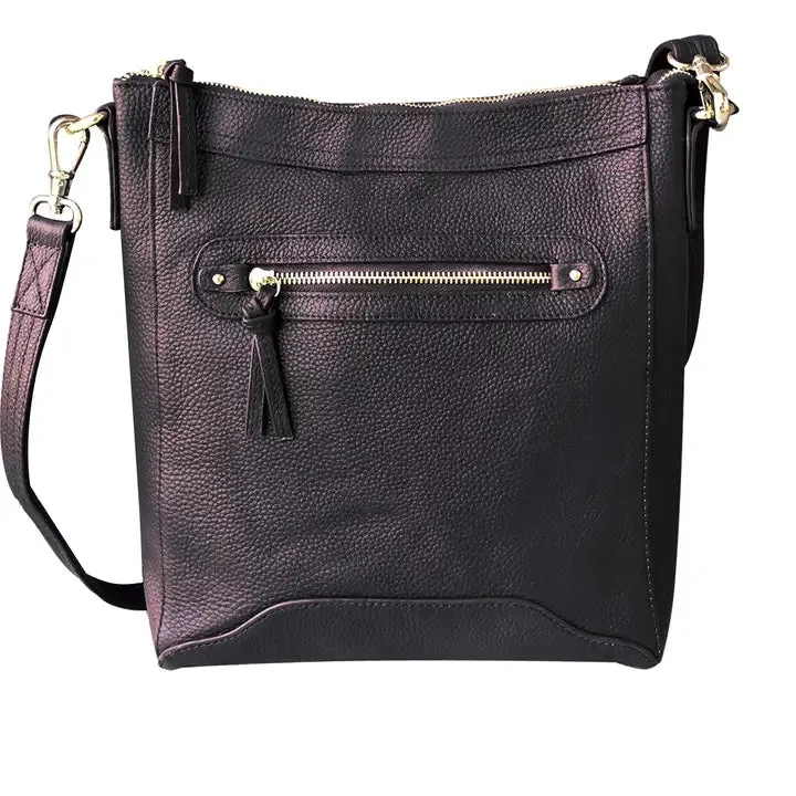 YKK Lockable Leather Crossbody Bag in Black