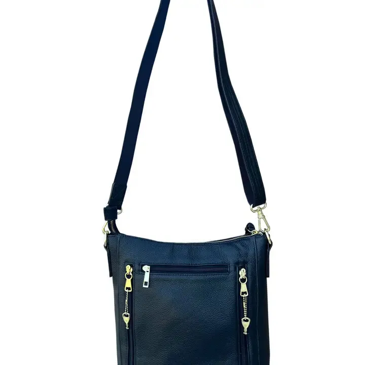 YKK Lockable Leather Crossbody Bag in Black
