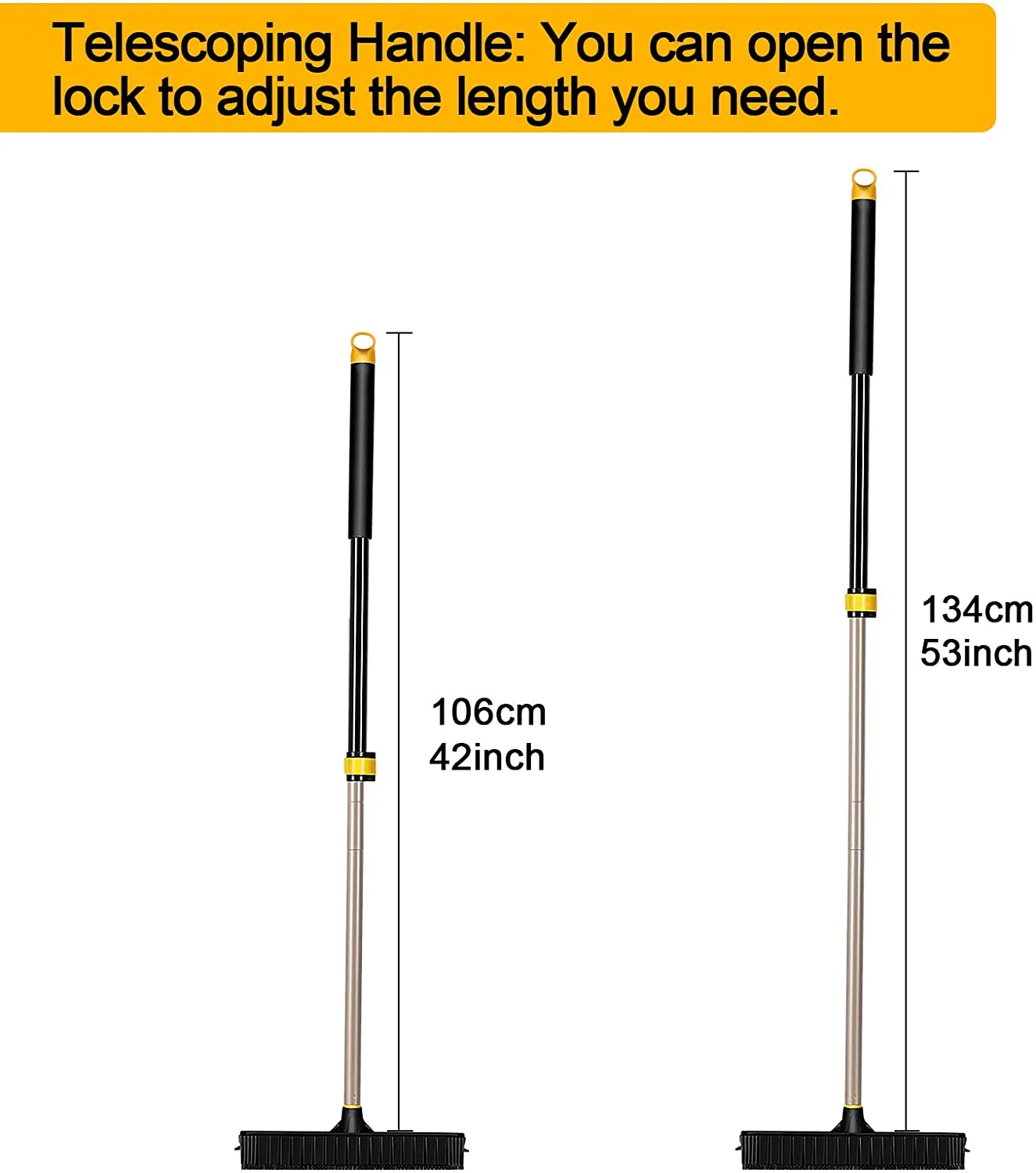 Yocada Rubber Broom Pet Hair Fur Removal Broom Soft Bristle Push Broom with Squeegee Telescoping Pole 42-53 Inch for Sweeping Hardwood Floor Tile Bathroom Living Room Kitchen