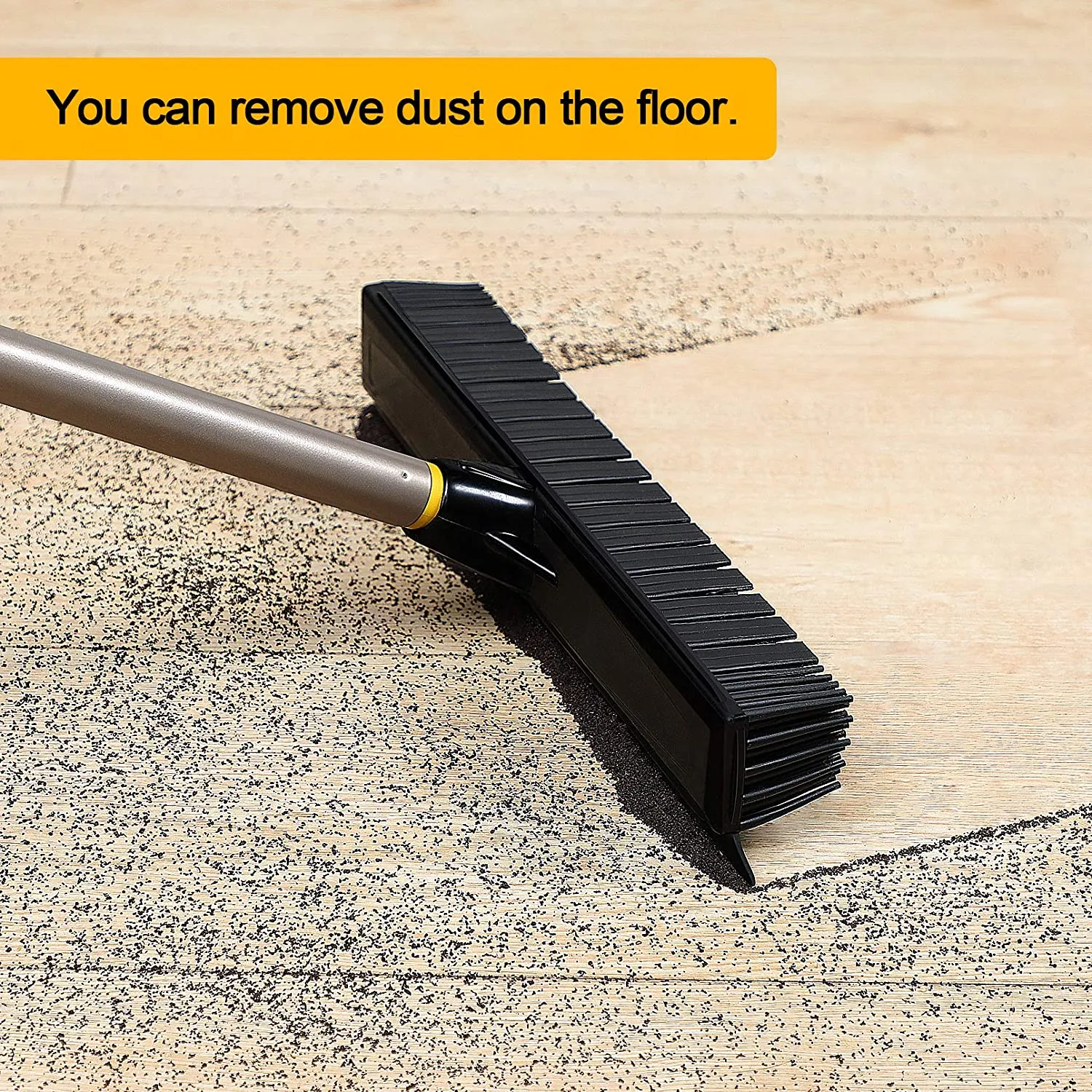 Yocada Rubber Broom Pet Hair Fur Removal Broom Soft Bristle Push Broom with Squeegee Telescoping Pole 42-53 Inch for Sweeping Hardwood Floor Tile Bathroom Living Room Kitchen