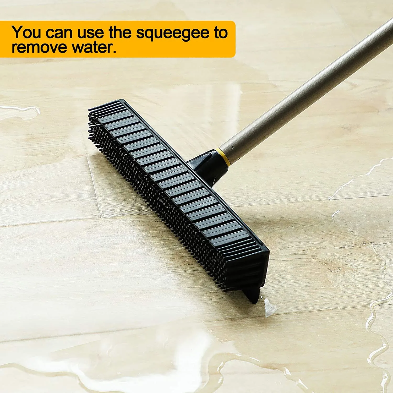 Yocada Rubber Broom Pet Hair Fur Removal Broom Soft Bristle Push Broom with Squeegee Telescoping Pole 42-53 Inch for Sweeping Hardwood Floor Tile Bathroom Living Room Kitchen
