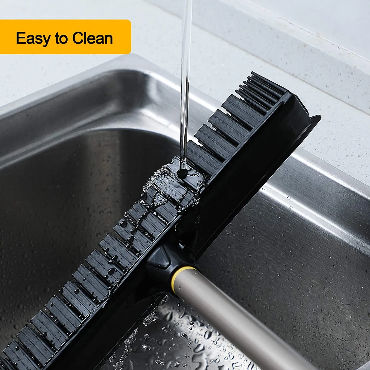 Yocada Rubber Broom Pet Hair Fur Removal Broom Soft Bristle Push Broom with Squeegee Telescoping Pole 42-53 Inch for Sweeping Hardwood Floor Tile Bathroom Living Room Kitchen