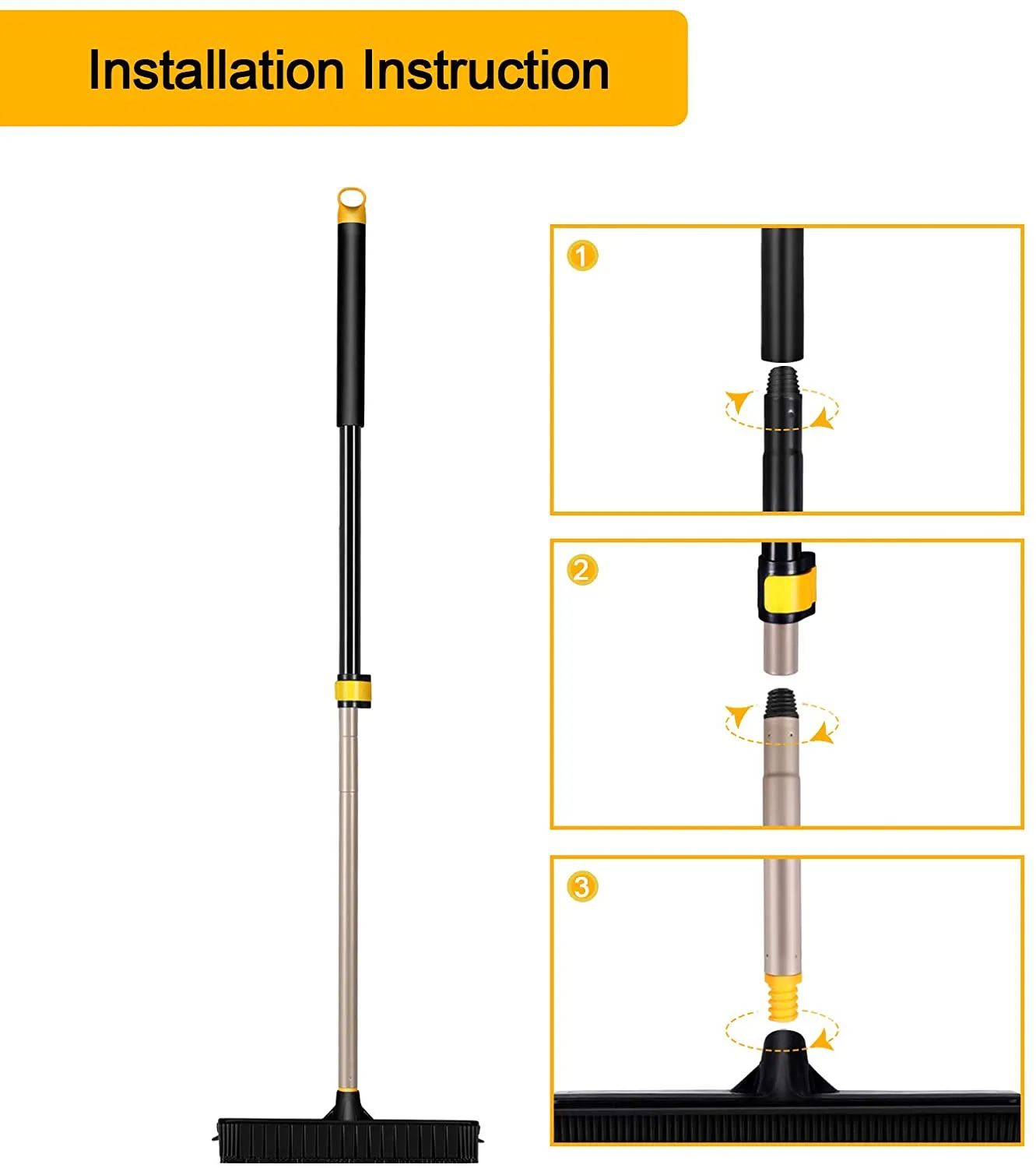 Yocada Rubber Broom Pet Hair Fur Removal Broom Soft Bristle Push Broom with Squeegee Telescoping Pole 42-53 Inch for Sweeping Hardwood Floor Tile Bathroom Living Room Kitchen
