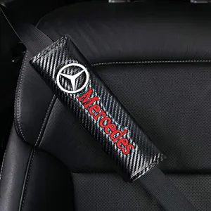 YUNONG 2Pack Emblem Car Logo Seat Belt Pads Carbon Fiber Shoulder Padding Seatbelt Cover Neck Pads fit Benz
