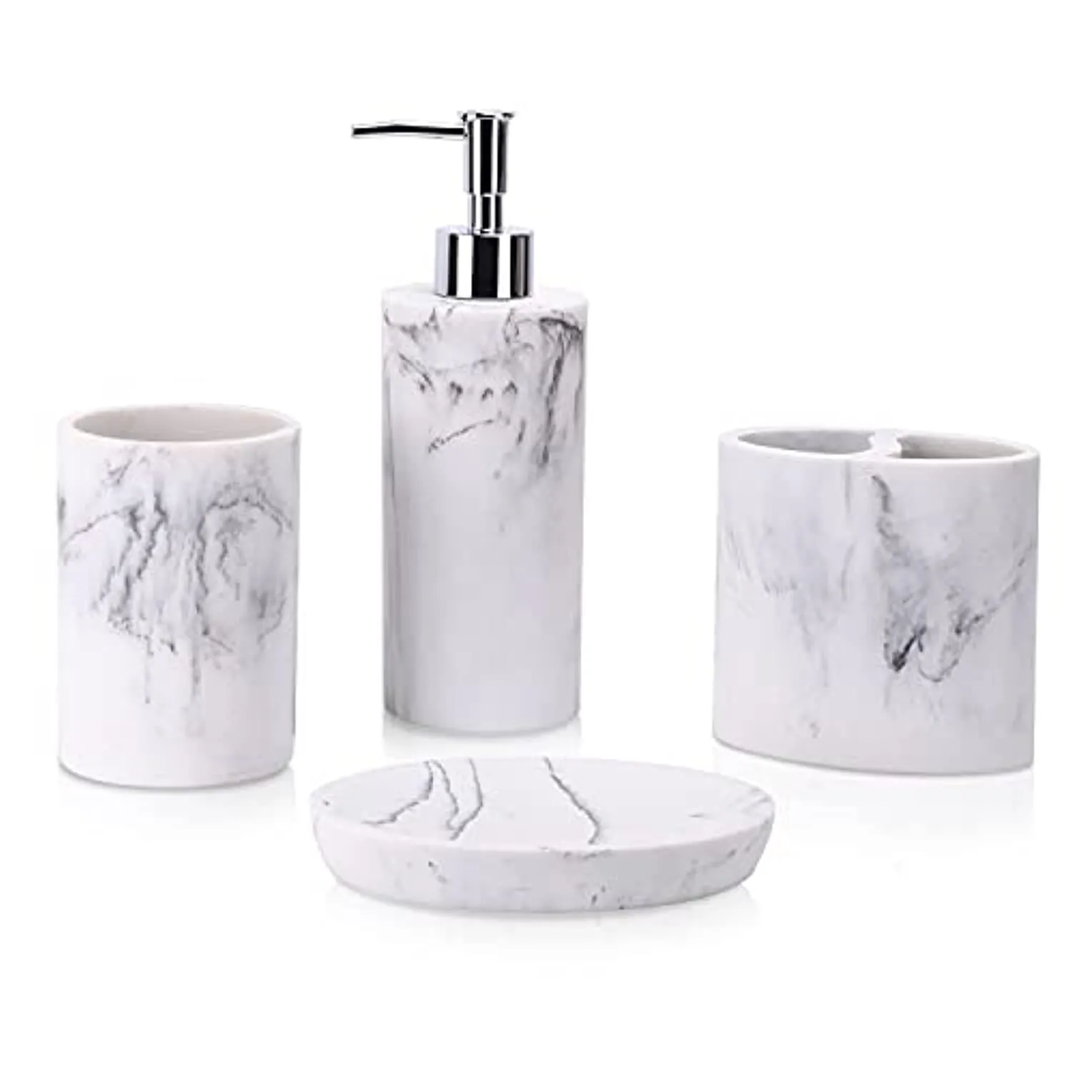 zccz Bathroom Accessory Set, 4 Pcs Marble Look Bathroom Vanity Countertop Accessory Set Bathroom Décor Accessories with Soap Dispenser, Toothbrush Holder, Bathroom Tumbler, Soap Dish