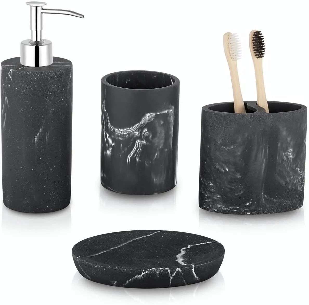 zccz Bathroom Accessory Set, 4 Pcs Marble Look Bathroom Vanity Countertop Accessory Set Bathroom Décor Accessories with Soap Dispenser, Toothbrush Holder, Bathroom Tumbler, Soap Dish