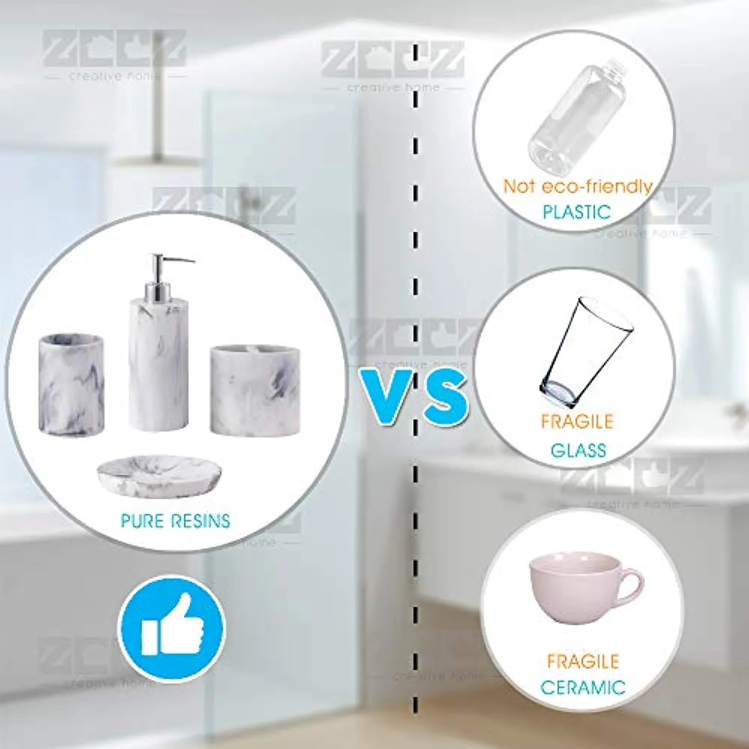 zccz Bathroom Accessory Set, 4 Pcs Marble Look Bathroom Vanity Countertop Accessory Set Bathroom Décor Accessories with Soap Dispenser, Toothbrush Holder, Bathroom Tumbler, Soap Dish