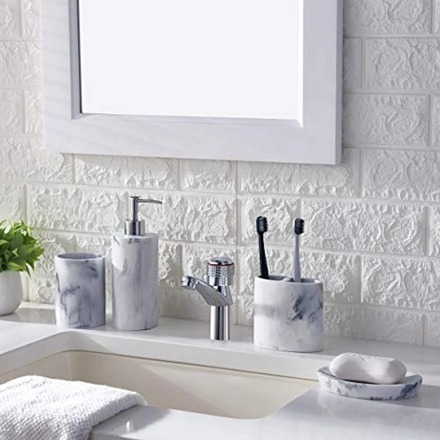 zccz Bathroom Accessory Set, 4 Pcs Marble Look Bathroom Vanity Countertop Accessory Set Bathroom Décor Accessories with Soap Dispenser, Toothbrush Holder, Bathroom Tumbler, Soap Dish