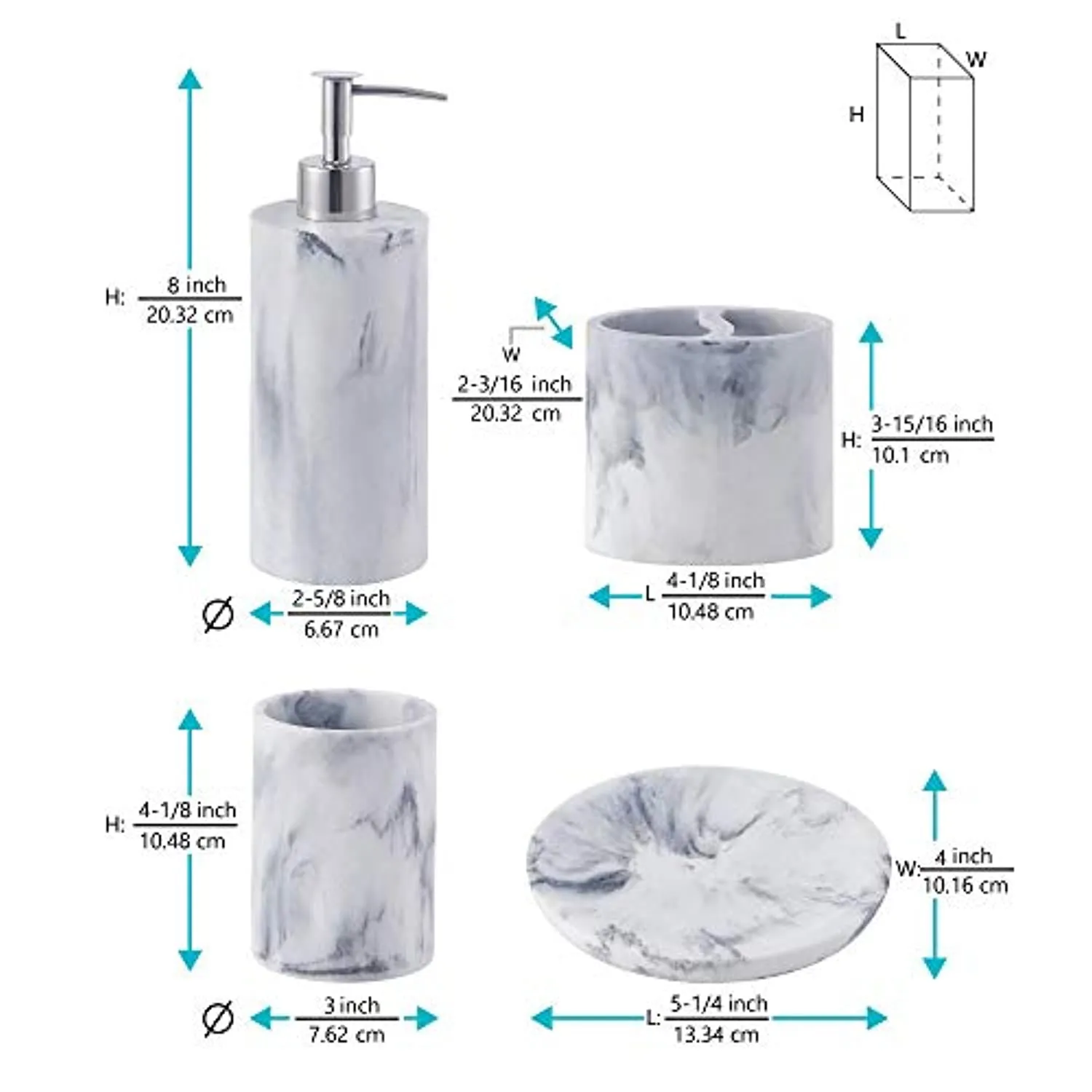 zccz Bathroom Accessory Set, 4 Pcs Marble Look Bathroom Vanity Countertop Accessory Set Bathroom Décor Accessories with Soap Dispenser, Toothbrush Holder, Bathroom Tumbler, Soap Dish
