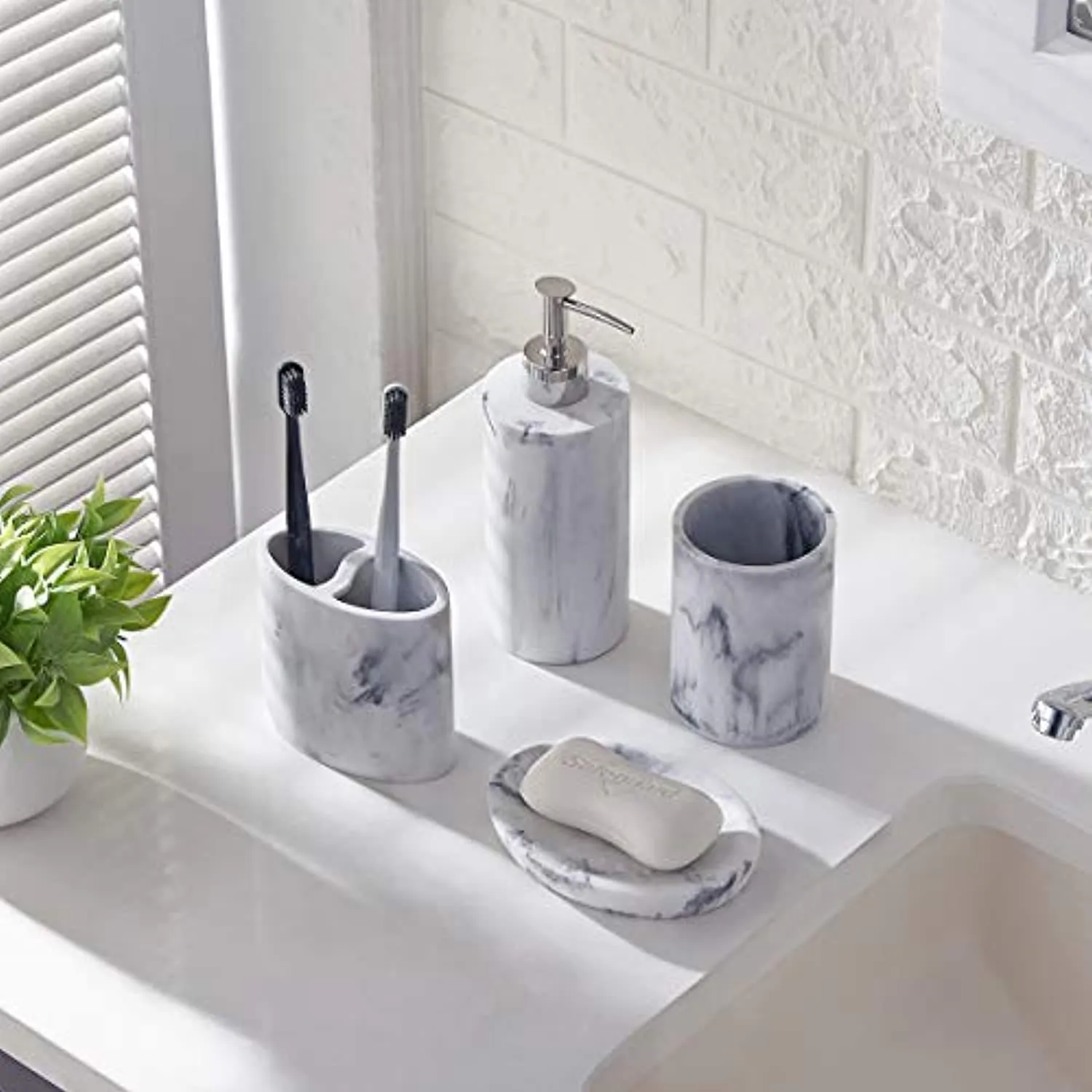 zccz Bathroom Accessory Set, 4 Pcs Marble Look Bathroom Vanity Countertop Accessory Set Bathroom Décor Accessories with Soap Dispenser, Toothbrush Holder, Bathroom Tumbler, Soap Dish